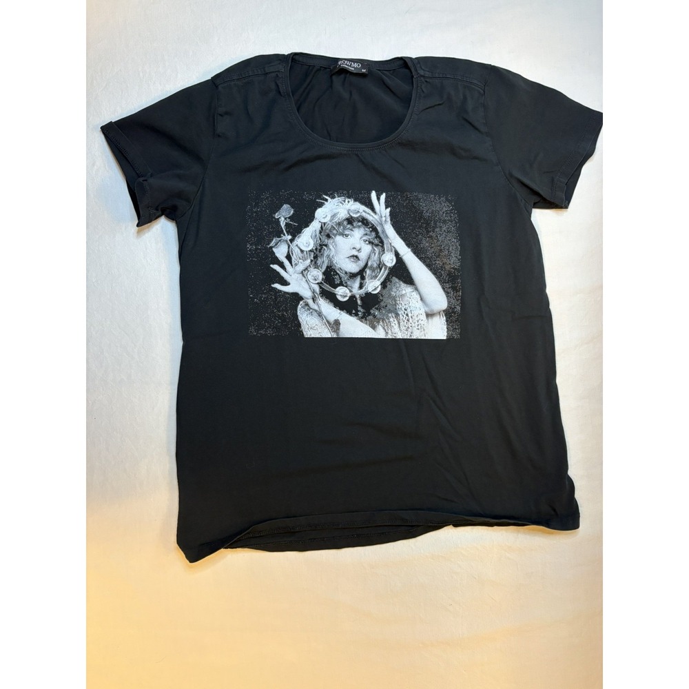 CROWMO Collection Stevie Nicks Tambourine and Rose Black Graphic Tshirt, Size M